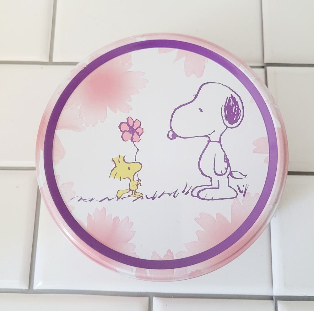 Peanuts Snoopy Spring ANY OCCASION Tin Box 5” 1/2” EMPTY Pink and Yellow